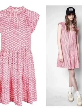 Zadig & Voltaire Rito Pink Geo-Print Tiered V-Neck mini Dress, XS